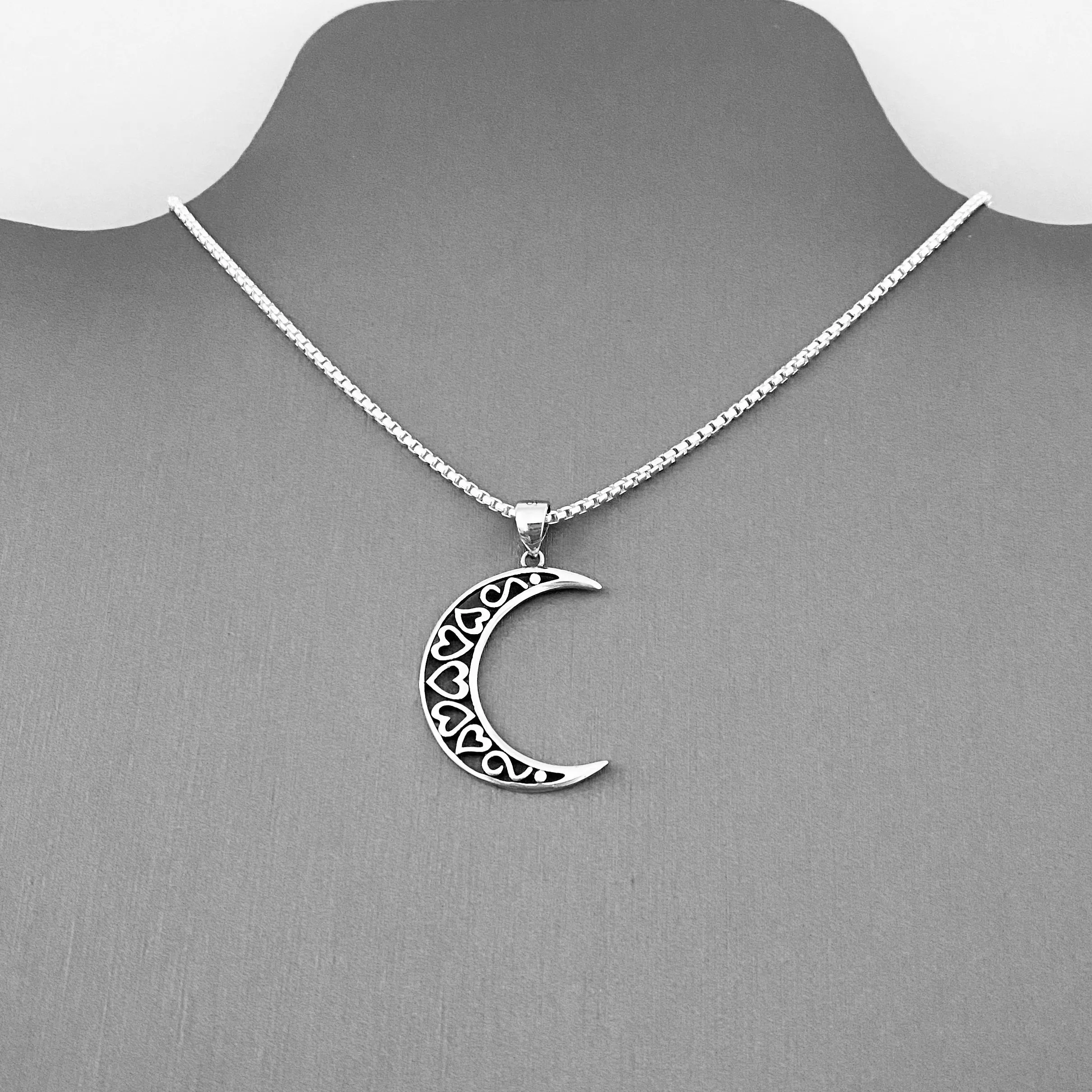 Sterling Silver Large Crescent Moon Necklace, Moon Necklace, Celestial Necklace, Heart Necklace