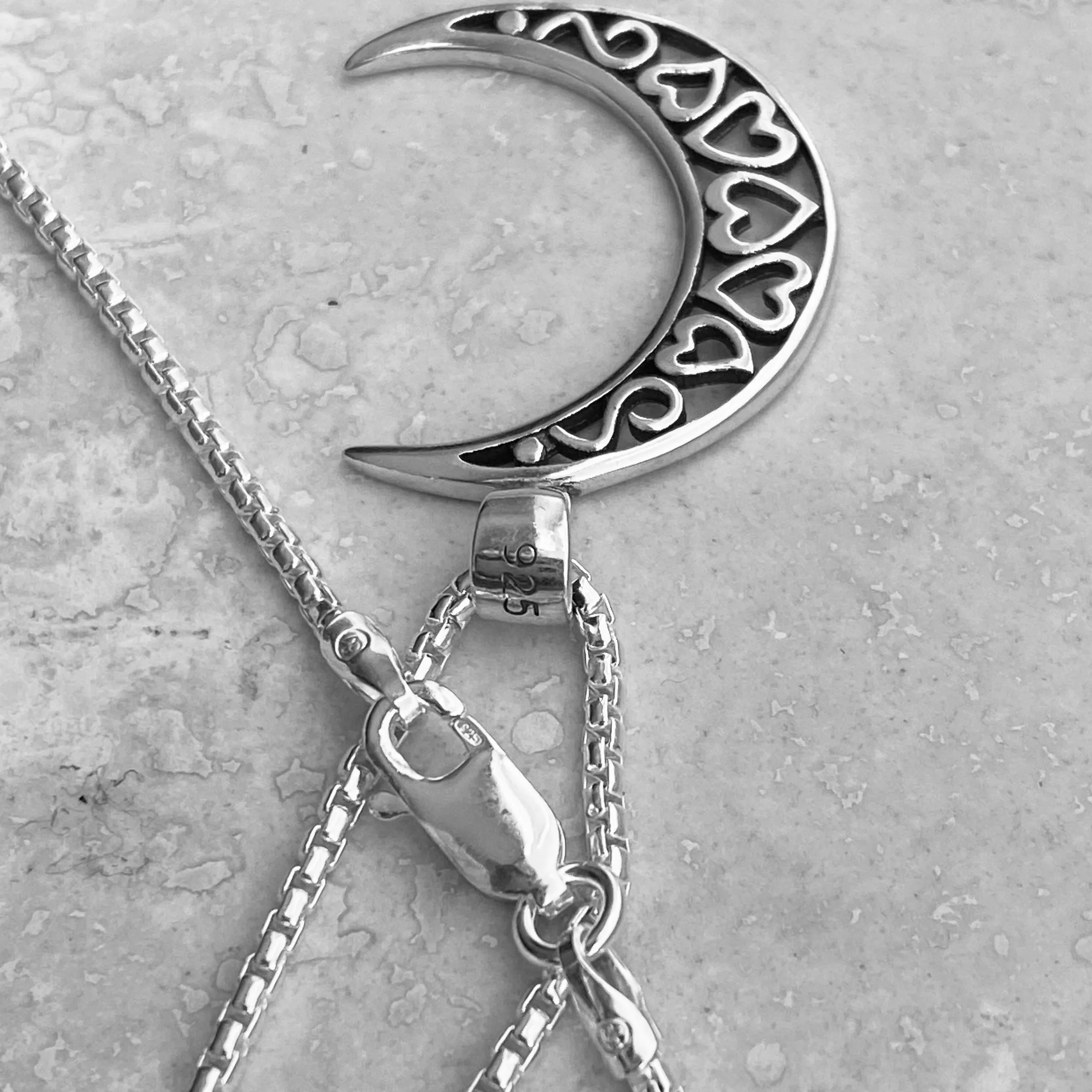 Sterling Silver Large Crescent Moon Necklace, Moon Necklace, Celestial Necklace, Heart Necklace