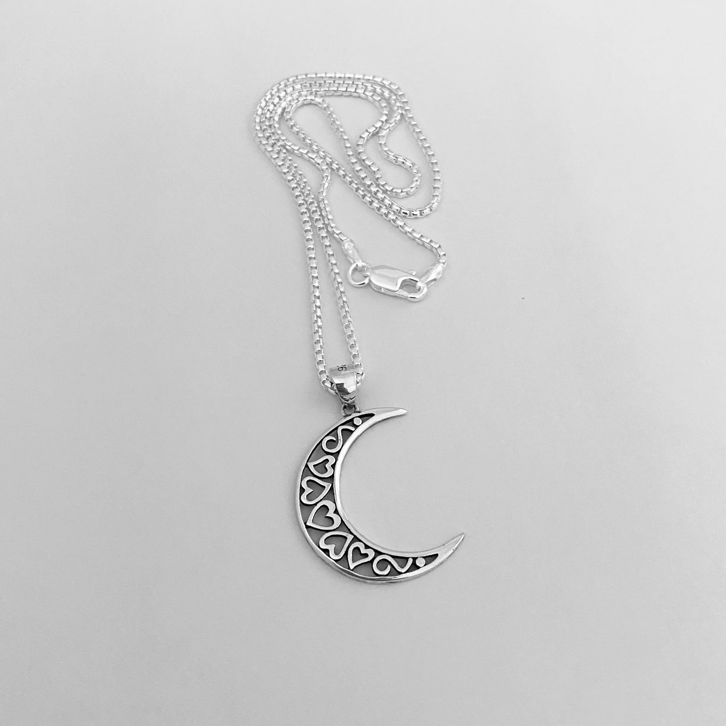 Sterling Silver Large Crescent Moon Necklace, Moon Necklace, Celestial Necklace, Heart Necklace