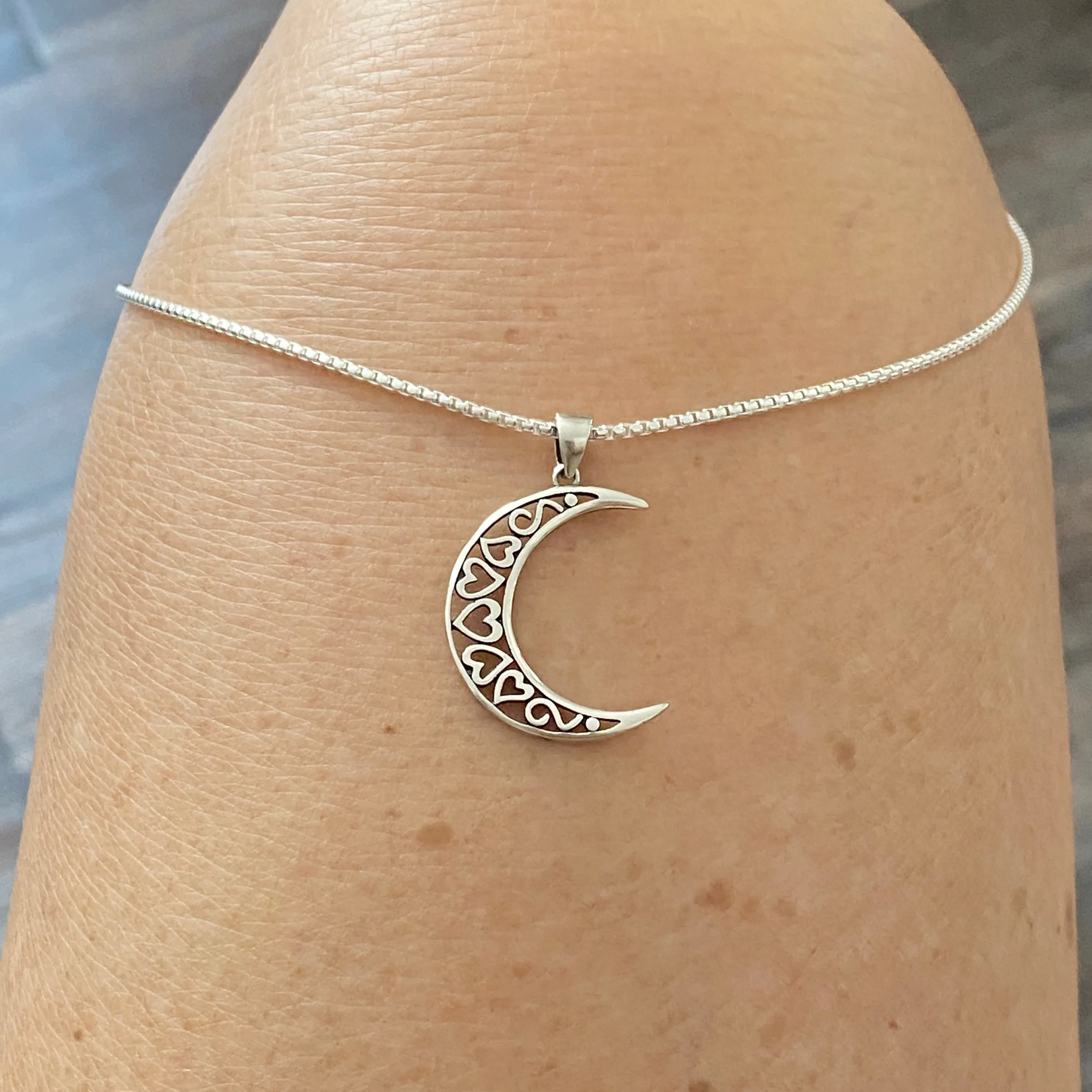 Sterling Silver Large Crescent Moon Necklace, Moon Necklace, Celestial Necklace, Heart Necklace