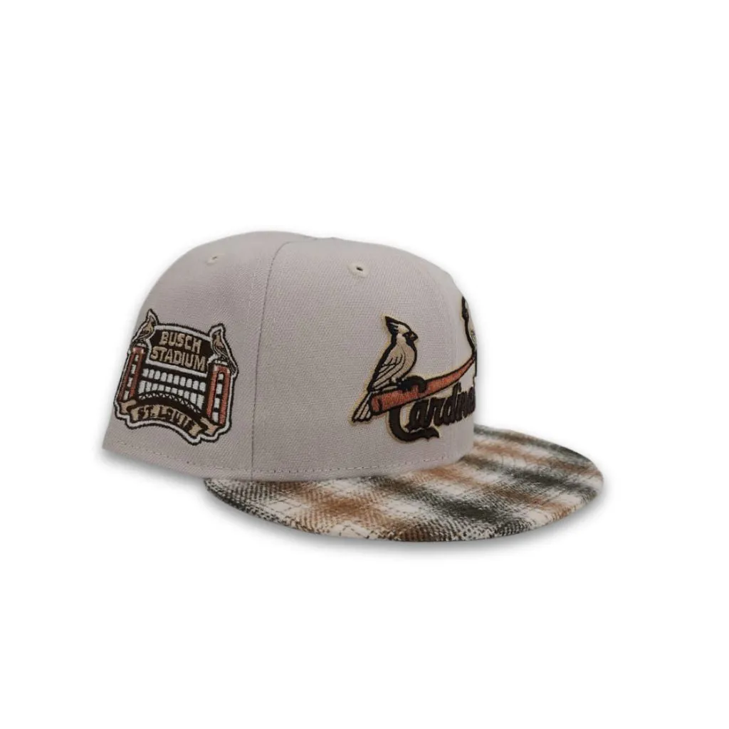 Stone St. Louis Cardinals Tan/Brown Plaid Visor Gray Bottom Busch Stadium Side Patch New Era 59Fifty Fitted