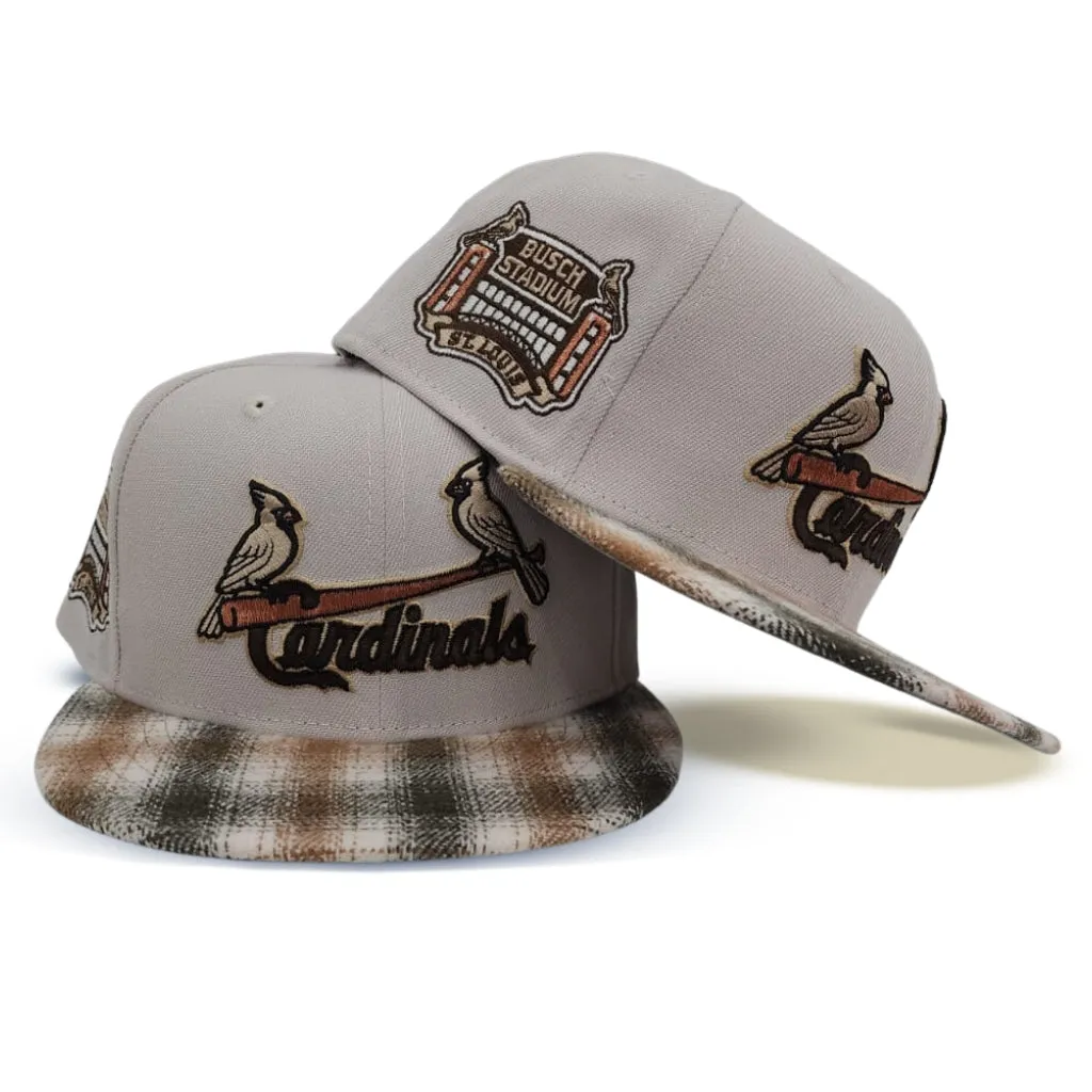 Stone St. Louis Cardinals Tan/Brown Plaid Visor Gray Bottom Busch Stadium Side Patch New Era 59Fifty Fitted