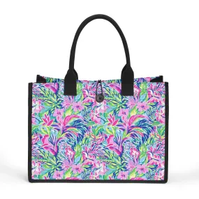 Tropical Serenity: Pink, Green, and Blue Watercolor Floral Delight Structured Button Closure Canvas Tote Bag in 2 Sizes