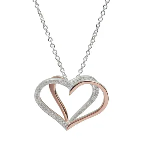 Unique Ladies Silver & Rose Gold Plated 3D Heart CZ Necklace