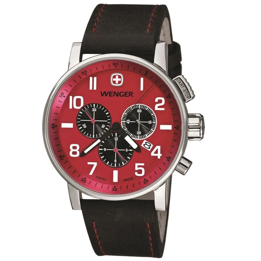 Wenger 01.1243.103 Men's Commando Red Dial Black Leather Strap Chronograph Watch