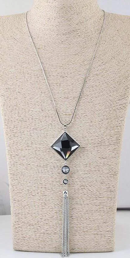 Womens Silver Tone Long Pendant Tassel Necklace