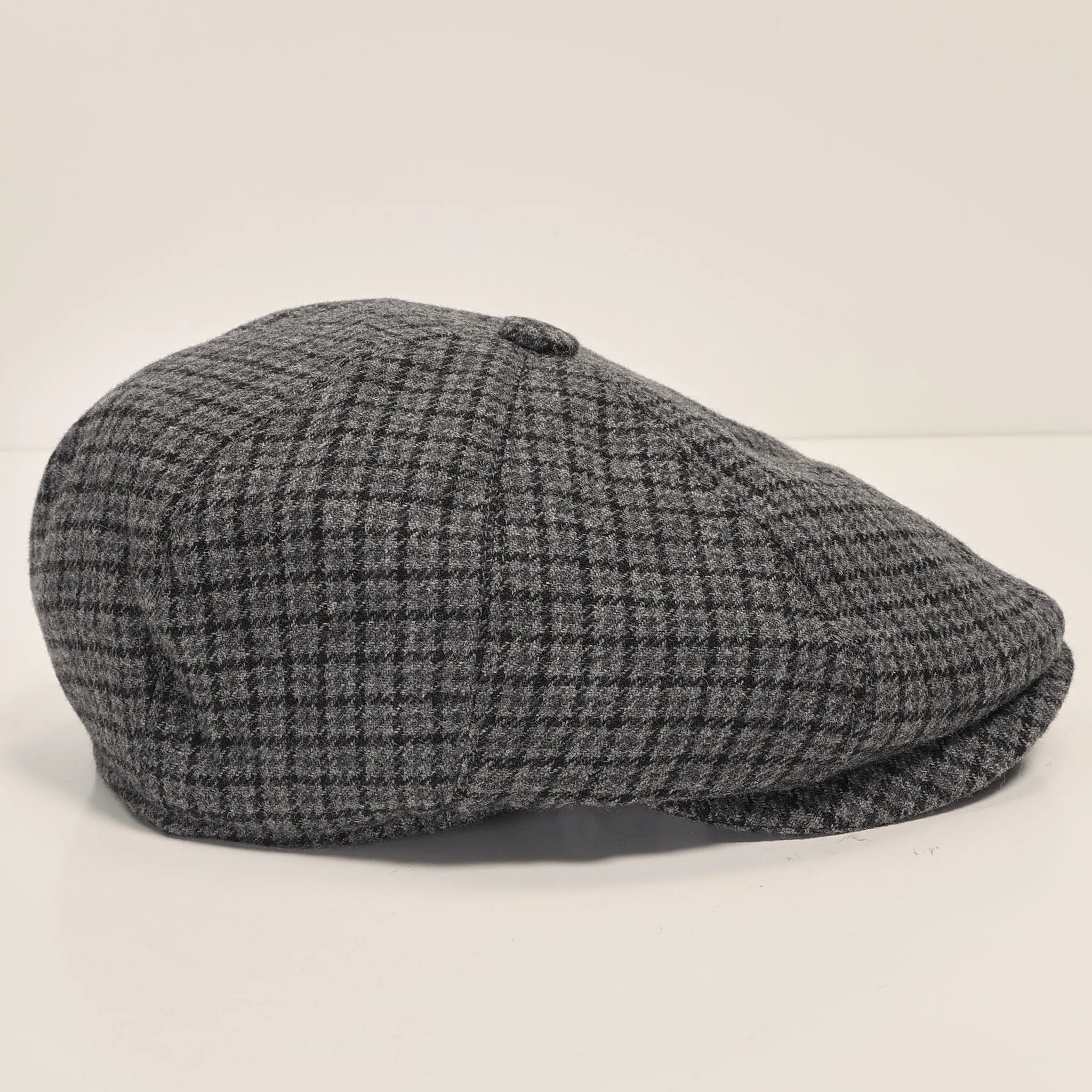 Wool Blend Micro Plaid Newsboy Cap - Grey Black