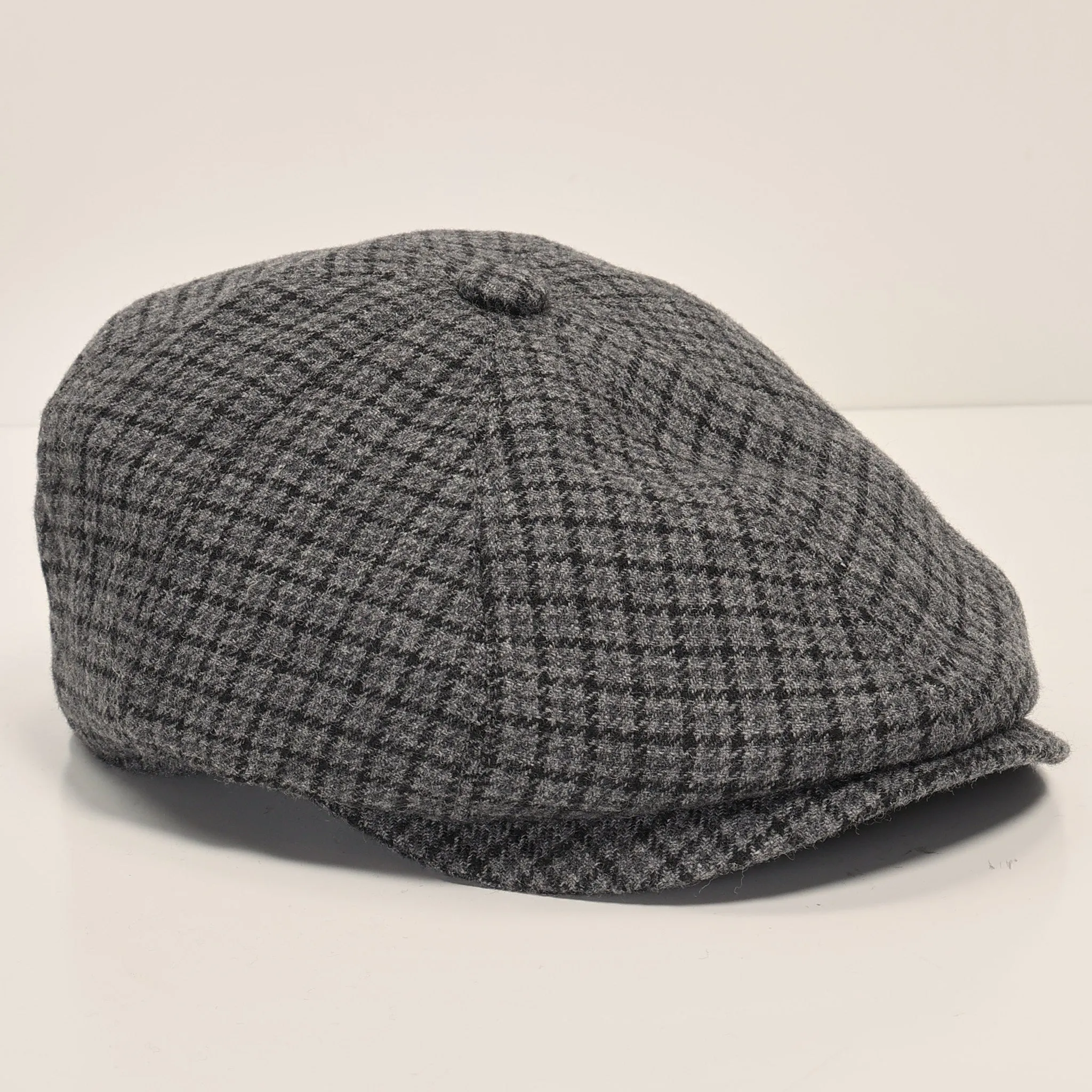 Wool Blend Micro Plaid Newsboy Cap - Grey Black