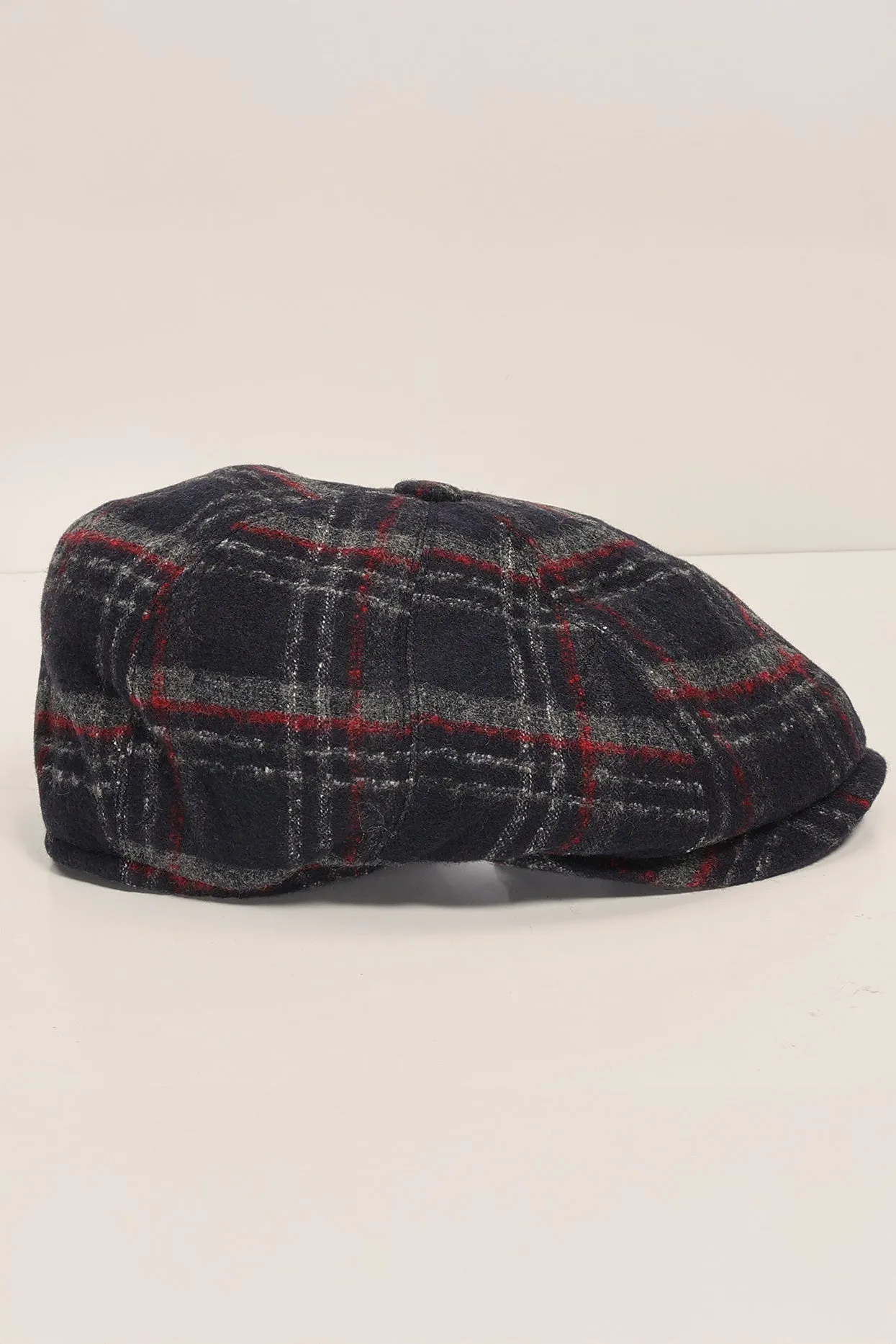 Wool Blend Windowpane Newsboy Cap - Black Grey