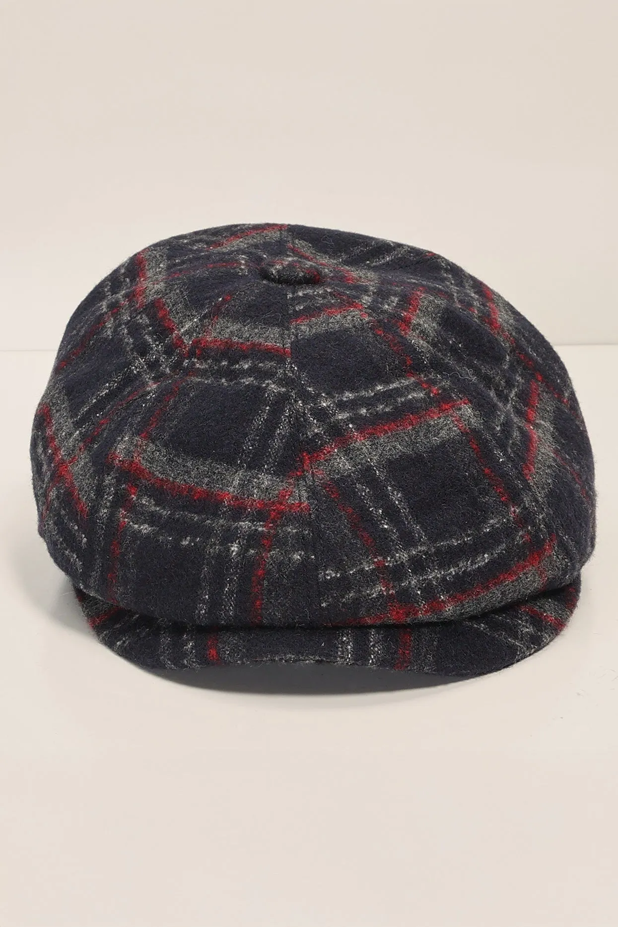 Wool Blend Windowpane Newsboy Cap - Black Grey