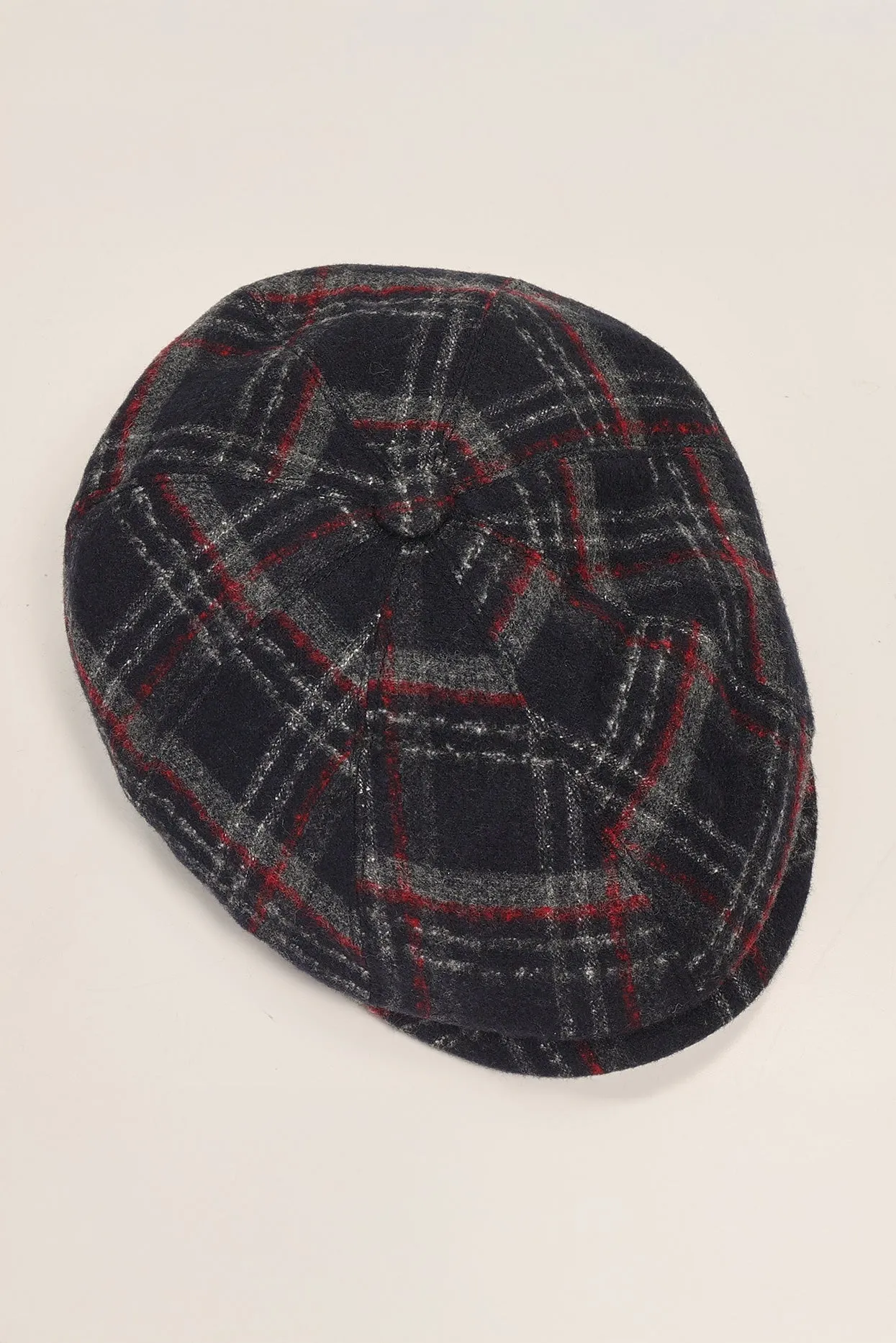 Wool Blend Windowpane Newsboy Cap - Black Grey