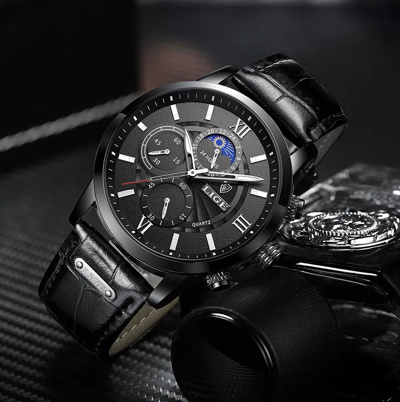 WW1743 Lige Chronograph Stainless Steel Black Belt Watch 8932